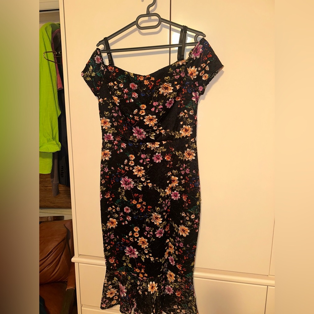 Guess black floral midi cocktail dress